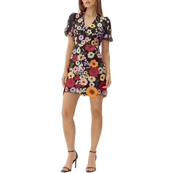 Adelyn Rae | Dresses | Adelyn Rae 3d Floral Embroidered Mesh Vneck Short  Sleeve Mini Dress | Poshmark